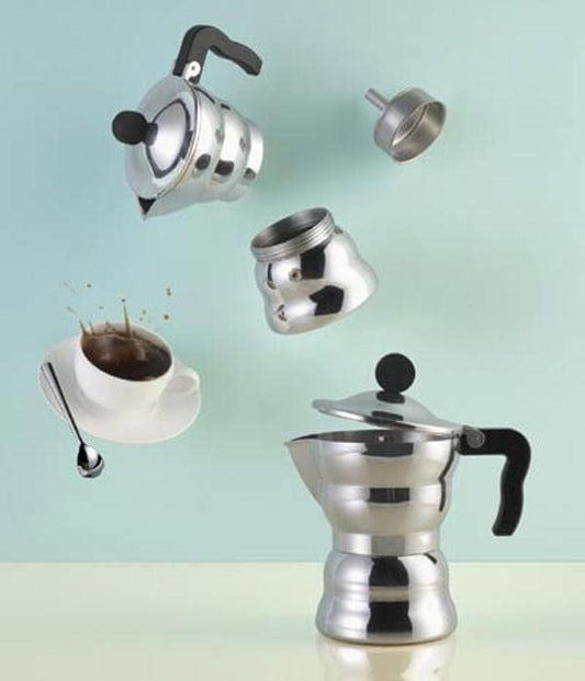 Caffettiera per caffè espresso Moka in alluminio pressofuso manico e bottone in plastica nero 6 tazze Alessi AAM33/6