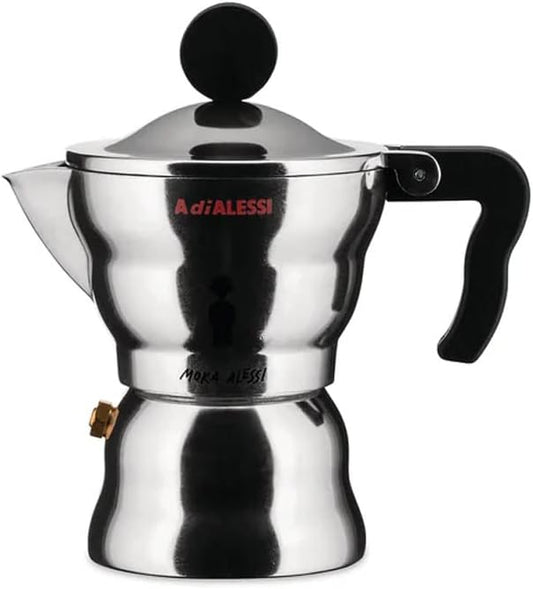 Caffettiera  per caffè espresso  Moka  in alluminio pressofuso manico e bottone in plastica nero 6 tazze  Alessi AAM33/6